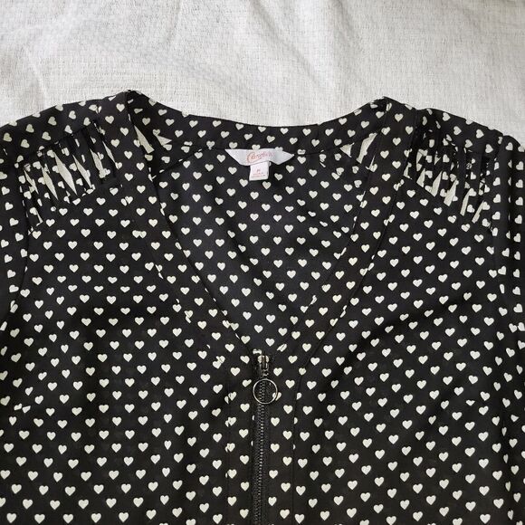 Candie's Black Beige Heart Zip V-neck Top Medium Mint Condition - Picture 4 of 8